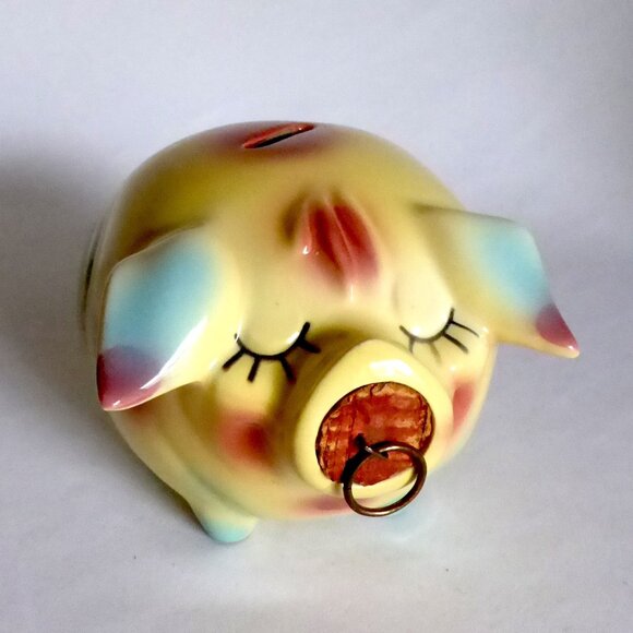 VINTAGE 1957 HULL POTTERY CORKY PIG PIGGY CERAMIC BANK YELLOW BLUE PINK w/ CORK - Picture 1 of 11